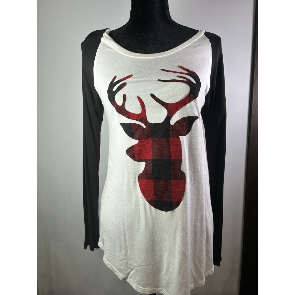 12PM By‎ Mon Ami Women's Boutique Small Raglan Top Buffalo Plaid Reindeer Red